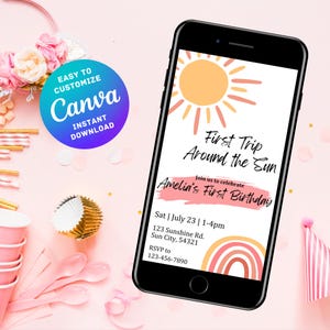 Invitación editable para primer cumpleaños, invitación móvil para cumpleaños de niña, tema del primer viaje alrededor del sol, descarga digital instantánea personalizable de Canva