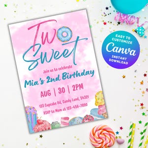 Bearbeitbare Einladung zum 2. Geburtstag, Baby-Mädchen zwei süße B-Day-Einladung, Donut-Dessert-Thema Pastell, anpassbare Canva Instant DIGITAL DOWNLOAD
