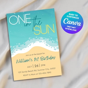 Invitación editable para el primer cumpleaños, tema Sunny Beach Bash, invitación de cumpleaños para niñas y niños One in the Sun, descarga digital instantánea personalizable de Canva