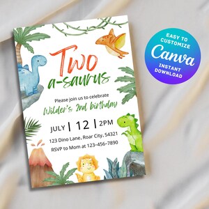 Faire-part 2e anniversaire modifiable, thème dinosaure T-Rex, invitation à une fête d'anniversaire garçon fille deux a-saurus, TÉLÉCHARGEMENT NUMÉRIQUE instantané toile personnalisable