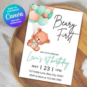 Faire-part 1er anniversaire modifiable, invitation à une première fête d'anniversaire garçon fille Beary, thème ours en peluche, toile personnalisable, téléchargement numérique instantané