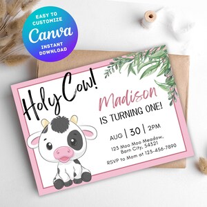 Faire-part d'anniversaire modifiable pour tout âge, vache sacrée, je suis un thème, invitation à une fête d'anniversaire pour bébé fille, téléchargement numérique instantané sur toile personnalisable