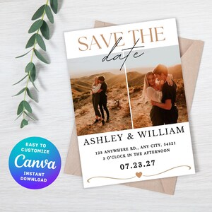 Bewerkbare Save the Date-huwelijksuitnodiging, afdrukbare verlovingsuitnodiging met foto's, aanpasbare Canva-sjabloon, Instant DIGITALE DOWNLOAD
