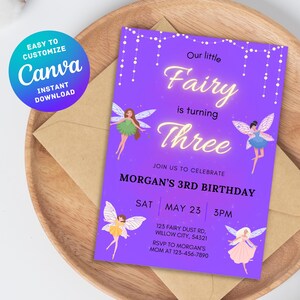 Invitación de cumpleaños editable para cualquier edad, linda invitación para fiesta de tercer cumpleaños de niña con temática de hadas, descarga digital instantánea personalizable de Canva