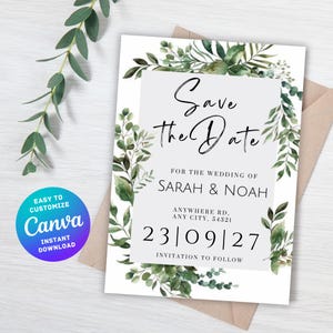 Invitación de boda editable con fecha de reserva, invitación de compromiso imprimible con vegetación, plantilla Canva personalizable, DESCARGA DIGITAL instantánea