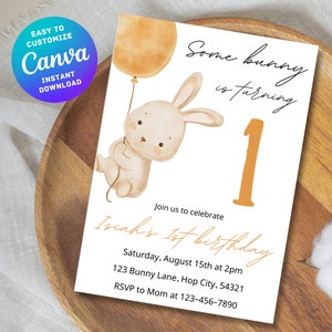 Faire-part d'anniversaire modifiable pour tous les âges, invitation neutre pour le 1er anniversaire de garçon, fille, thème un lapin, thème unique, TÉLÉCHARGEMENT NUMÉRIQUE instantané sur toile personnalisable