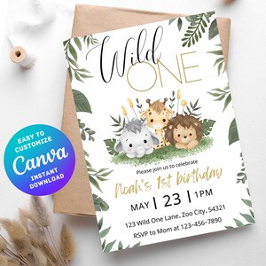 Faire-part 1er anniversaire modifiable, invitation à une fête d'anniversaire de petite fille garçon, thème de la jungle Safari, toile personnalisable, téléchargement numérique instantané