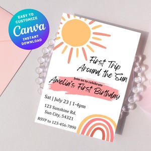 Invitación editable para primer cumpleaños, invitación móvil para cumpleaños de niña, tema del primer viaje alrededor del sol, descarga digital instantánea personalizable de Canva