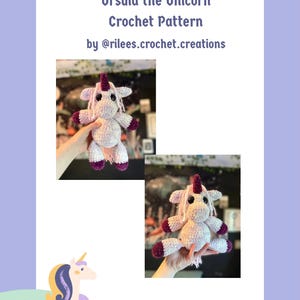 Pode incluir: A imagem apresenta um padrão de crochê para "Ursula the Unicorn". Inclui fotos de um brinquedo de unicórnio acabado, cinza claro com detalhes roxos. O unicórnio tem um chifre e uma crina roxos. O texto diz "Ursula the Unicorn Crochet Pattern".