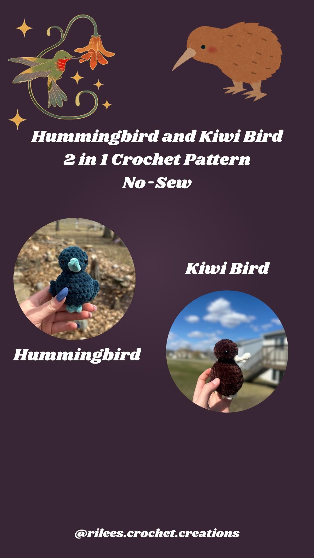 Iwi Bird Pattern PATTERN Hummingbird and Kiwi Bird - Easy No Sew Crochet PDF Digital ...