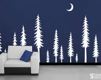 Pine Tree Forest Wall Decal - Pine Trees Night Scene Wall Art - Moon Landscape Scenery Vinyl Christmas Tree Sticker Home Decor - K438