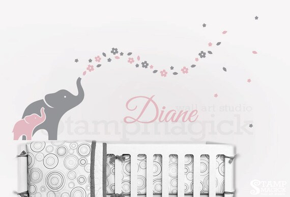 Elephants Wall Decal Nursery Wall Decor Elephants Decal Elephant Wall Art Flowers Baby Name Vinyl Sticker Girl Bedroom K344