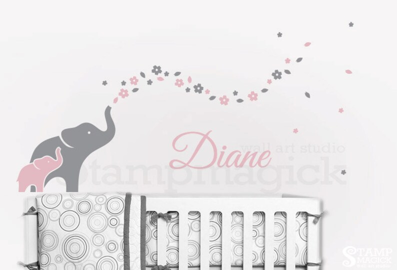 K344 Elephants Decal Flowers /& Baby Name Nursery Wall Decor Elephants Wall Decal Elephant Wall Art vinyl sticker girl bedroom