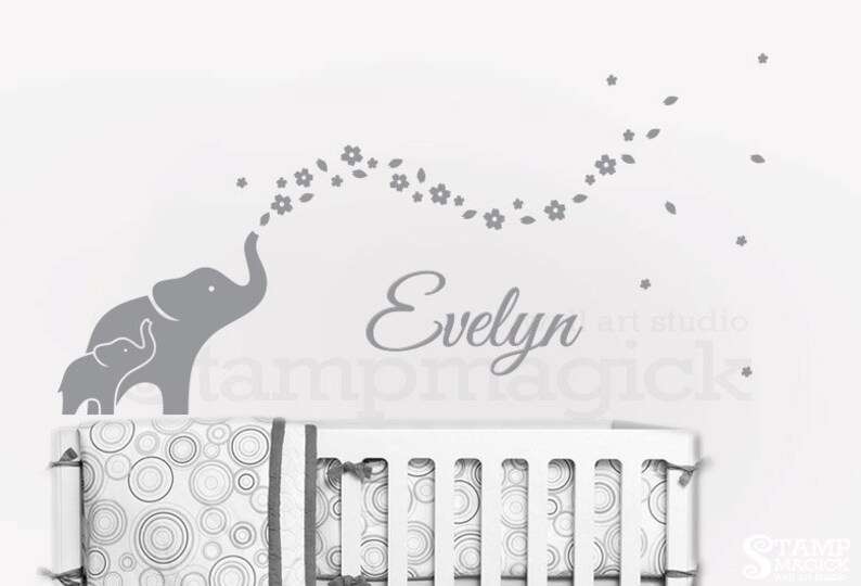 K344 Elephants Decal Flowers /& Baby Name Nursery Wall Decor Elephants Wall Decal Elephant Wall Art vinyl sticker girl bedroom