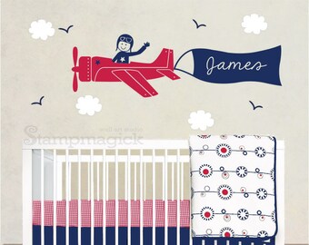 Airplane Wall Decal Sticker for Nursery Baby Boy Room - flying plane vinyl wall art custom name banner - K037
