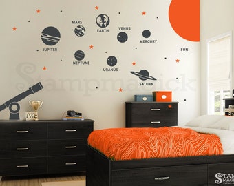 Solar System Wall Decal - Planets Wall Decal - Telescope Universe Outer Space Wall Decal Wall Mural - Stars Children Wall Art - K219R