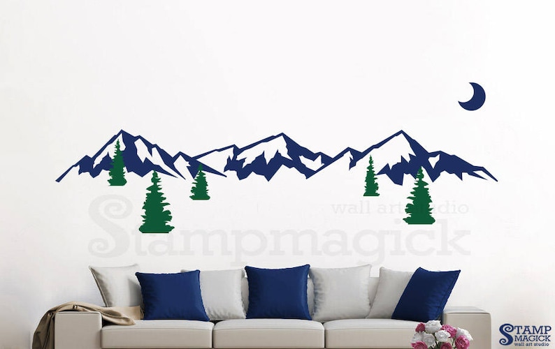 mountain scenery wall decal mountain range trees wall art | etsy
