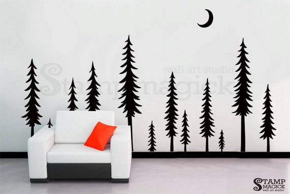 pine tree forest wall decal pine trees forest landscape wall | etsy