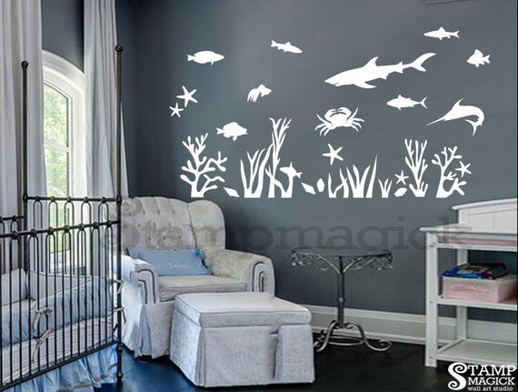 Underwater Wall Decal For Nursery Or Baby S Room Under Water Fish Shark Ocean Sea Scene Wall Art Children Room Wall Decor K239