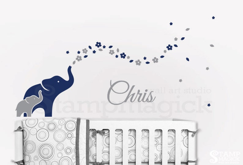 K344 Elephants Decal Flowers /& Baby Name Nursery Wall Decor Elephants Wall Decal Elephant Wall Art vinyl sticker girl bedroom