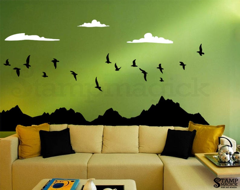 mountain range flying birds wall decal mountain clouds decal | etsy