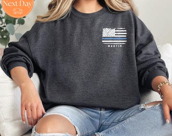 Custom Police Sweatshirt | Custom last name crewneck | Police wife gift | Back the blue sweatshirt | Personalized Police flag hoodie