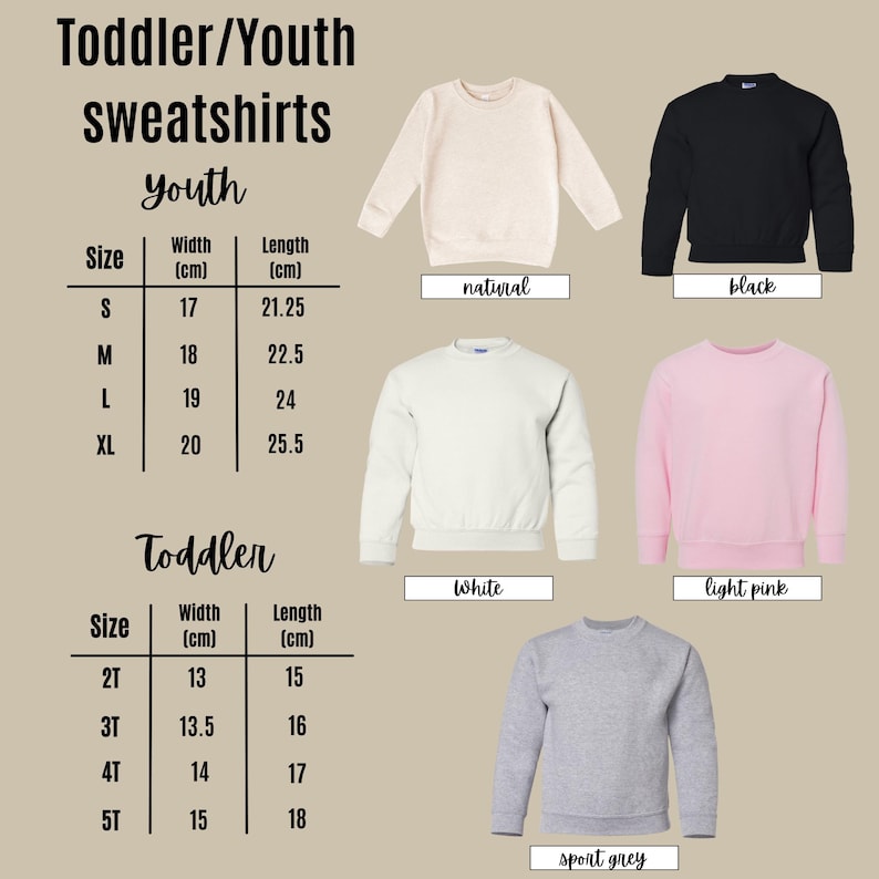 a chart of toddler / youth sweatshirts sizes