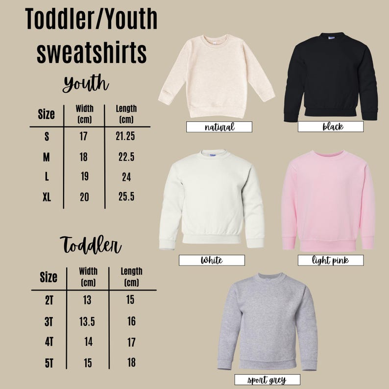 a chart of toddler / youth sweatshirts sizes