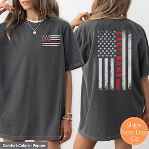Custom last name firefighter tshirt | Personalized firefighter shirt | Gift for firefighter wife | Custom fireman gift | Red line flag