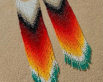 Long fringe seed bead earrings in fire colors