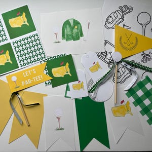 May include: A set of printable golf-themed party decorations. The set includes flags, banners, tags, and a colouring page. The decorations feature a green and yellow colour scheme with golf ball, golf club, and golf course designs. The text "Let's Par-Tee!" is featured on one of the banners.