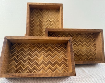 Set of 3  Reclaimed Wood Geometric Herringbone Trays