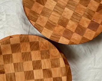 Set Of 4 Cherry & Alder End Grain Checkered Dinner Plates - Contemporary Checkerboard Wooden Plates
