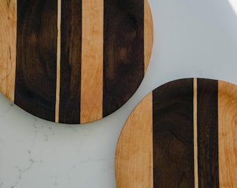 Set of 4 Walnut Cherry Wood Plates | Bold Stripe Handmade Dinnerware