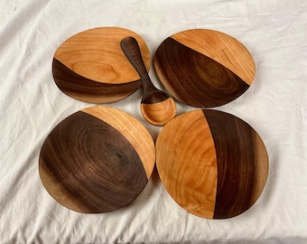 Juego de platos de madera de nogal y cerezo hechos a mano, con acabado apto para alimentos (15 cm de diámetro).