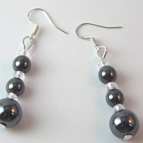 Drop Earrings Beaded Haematite White Crystal - Grey Silver Gemstone Beads & Clear Crystals Dangle Silver Plated Hook Gothic Winter