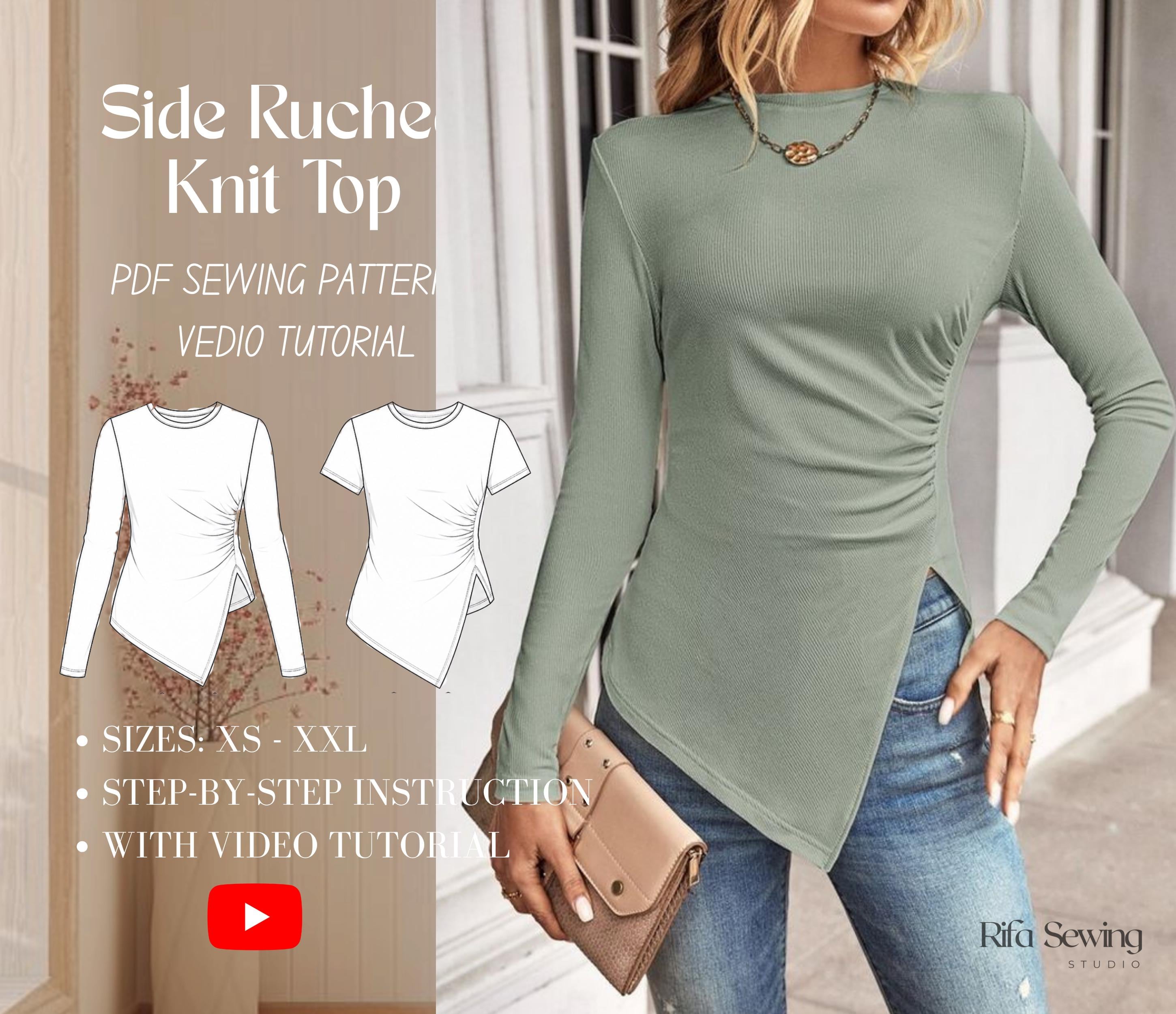 Side Ruched Knit Top Sewing Pattern With Asymmetric Hem (PDF