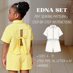 May include: A young person wearing a yellow striped shorts set with a bow detail on the back. The image includes text that reads "EDNA SET PDF SEWING PATTERN + STEP-BY-STEP INSTRUCTIONS". The set is for sizes 3-7Y.