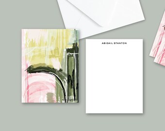Abstract #23 Gold Pink Green Custom Stationery | Flat Notes + Envelopes