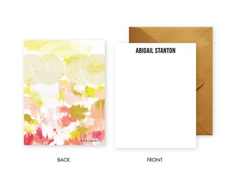 Mod Lines Yellow|Coral Abstract Custom Stationery | Flat Notes + Envelopes