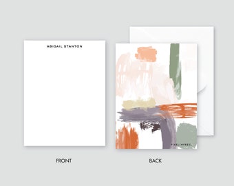 Muted Abstract Purple/Orange Custom Stationery | Flat Notes + Envelopes