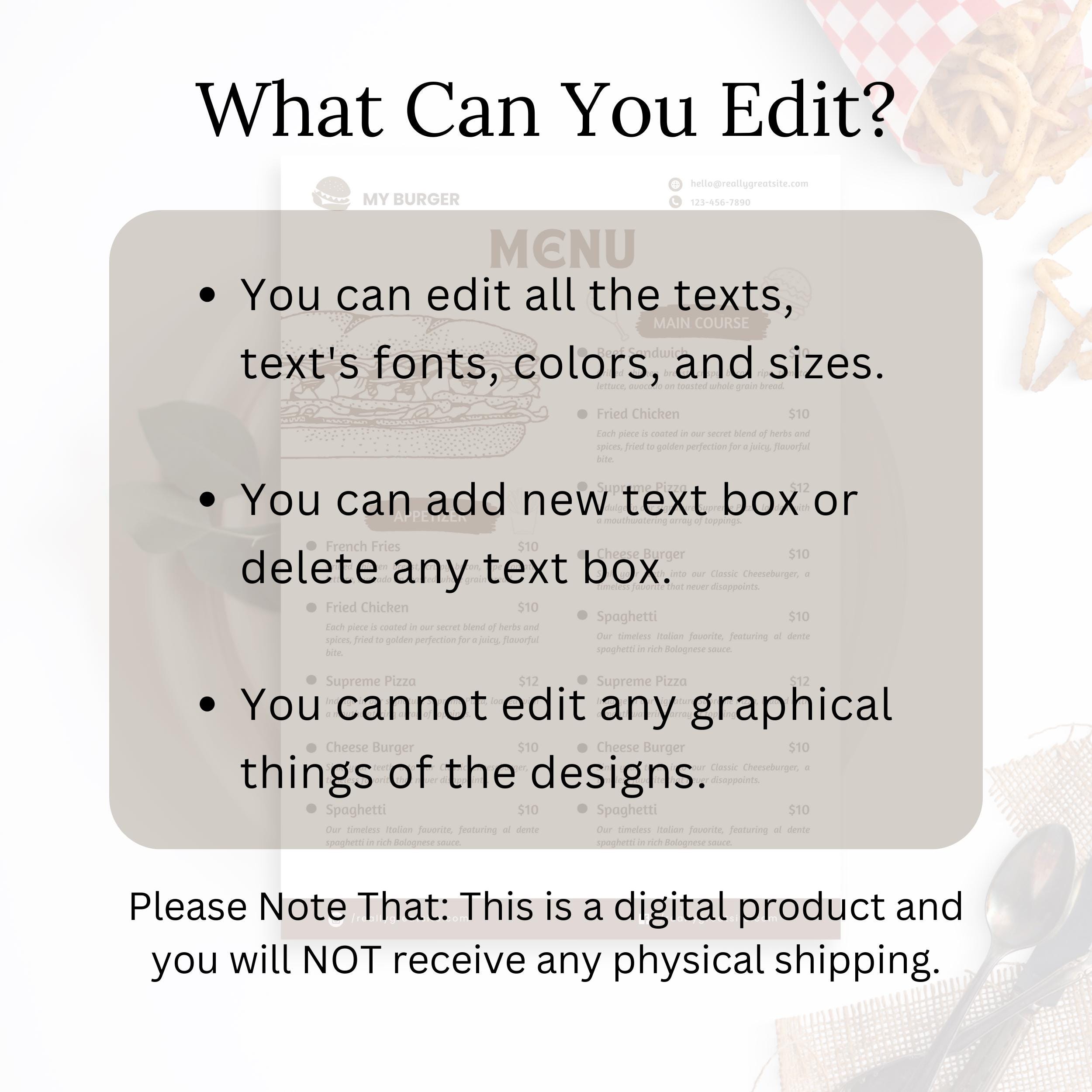Generic Menu Card Editable Editable Restaurant Menu Card Template - Instant Download, Customizable ...
