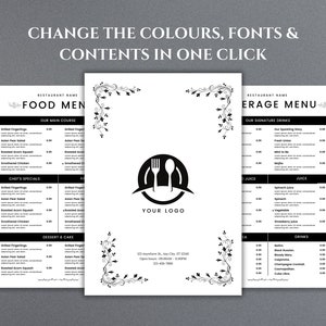 Customizable Restaurant Menu Design Editable Food and Drink Menu Template Cafe Menu Canva File Instant Digital Download Printable Menu Files