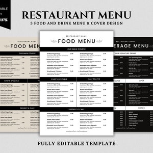 Plantilla de menú de restaurante profesional para Canva / Descarga instantánea y diseño personalizable