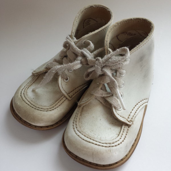 Vintage White Leather Baby Walker Lace Up Shoes Hygenized Brand Nursery Decor Craft Ready