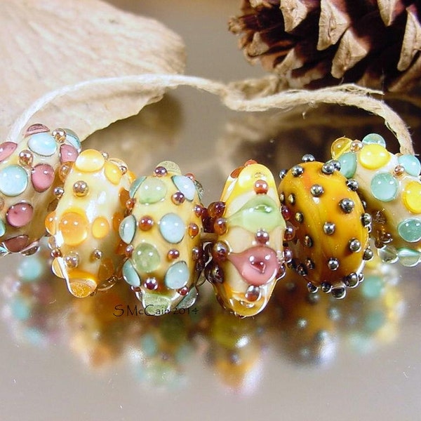 Handmade lampwork glass beads Artisan glass beads, pink beads, aqua beads, ivory beads, orange beads, green beads, disc beads SRA