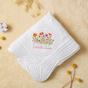 Handmade Baby Blanket, Wildflower Quilt Blanket, Custom Name Blanket, Personalized Embroidered Crib Blanket, Baby Shower Gift, New Mom Gift