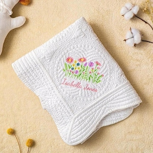 Embroidered Baby Blanket, Wildflower Quilt Blanket, Custom Name Blanket, Personalized Crib Blanket, Baby Shower Gift, Milestone Baby Blanket