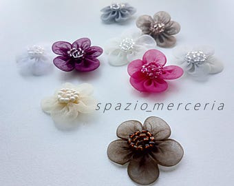 Sewn applications of small organza flowers and beads, diameter 25 mm.
