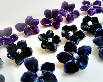 Velvet floral appliques, purple, black and blue, diameter 25 mm.